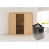 Ecksauna aus Holz mit Saunaofen