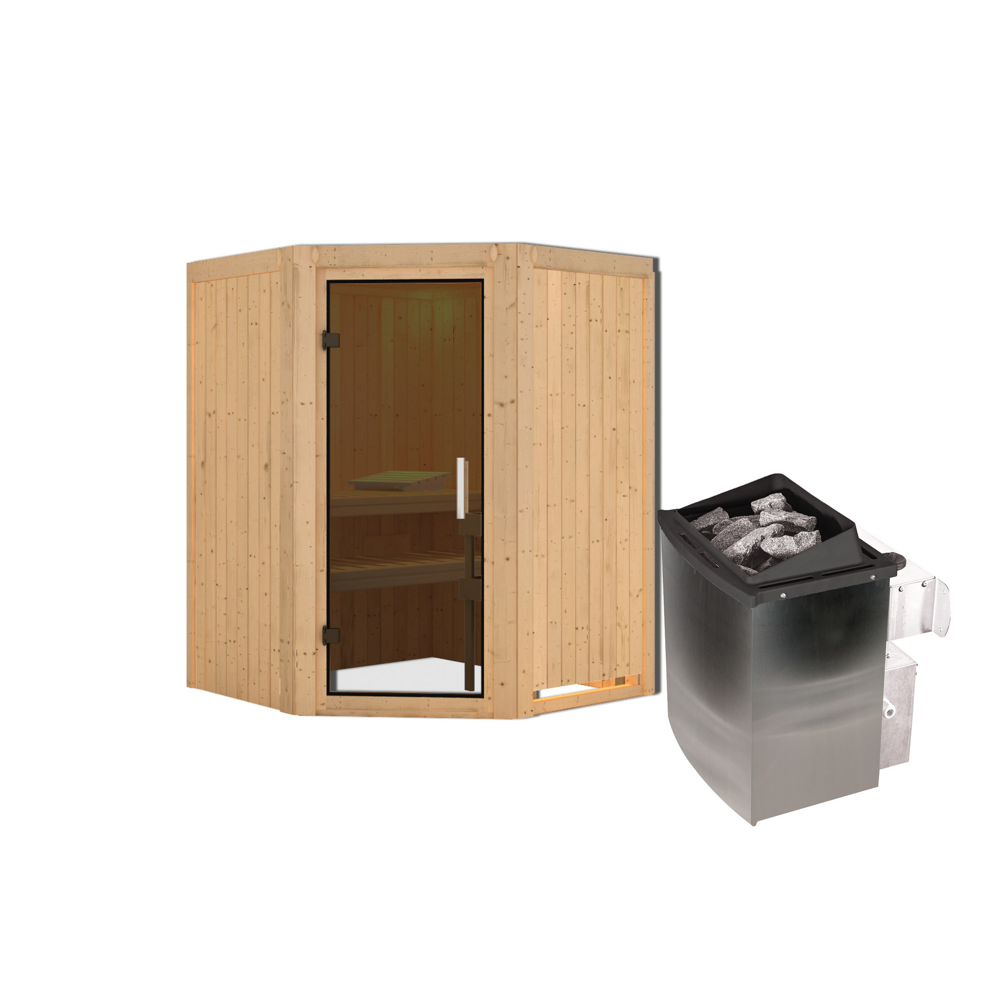 Eck-Sauna aus Holz mit Saunaofen