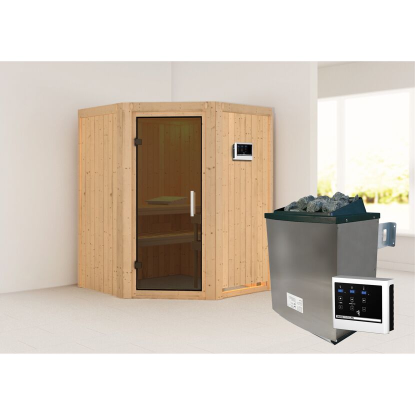 Elementsauna 'Adora' naturbelassen mit graphitfarbener Tür 9 kW Ofen externe Steuerung Easy 151 x 151 x 198 cm