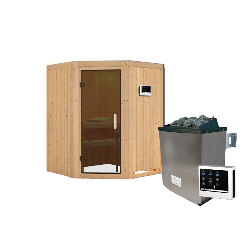 Elementsauna 'Adora' naturbelassen mit graphitfarbener Tür 9 kW Ofen externe Steuerung Easy 151 x 151 x 198 cm