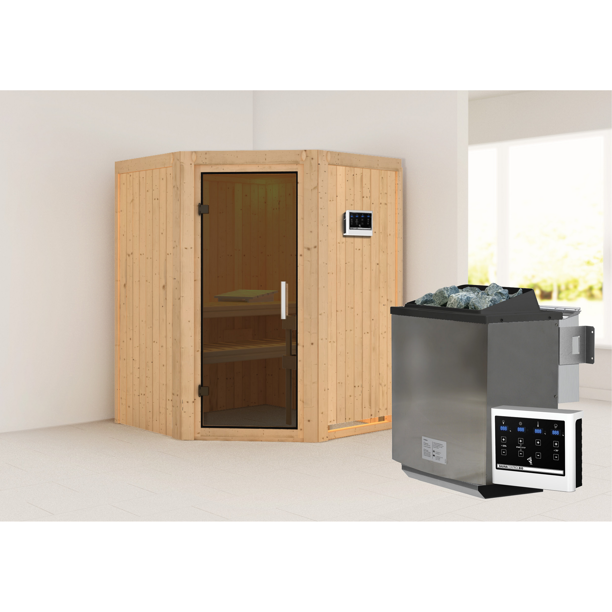 Elementsauna 'Adora' naturbelassen mit graphitfarbener Tür 9 kW Bio-Ofen externe Steuerung Easy 151 x 151 x 198 cm