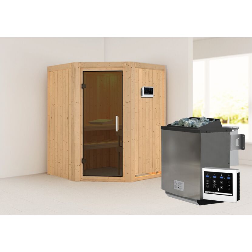 Elementsauna 'Adora' naturbelassen mit graphitfarbener Tür 9 kW Bio-Ofen externe Steuerung Easy 151 x 151 x 198 cm