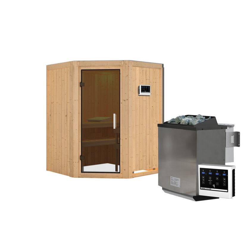 Elementsauna 'Adora' naturbelassen mit graphitfarbener Tür 9 kW Bio-Ofen externe Steuerung Easy 151 x 151 x 198 cm