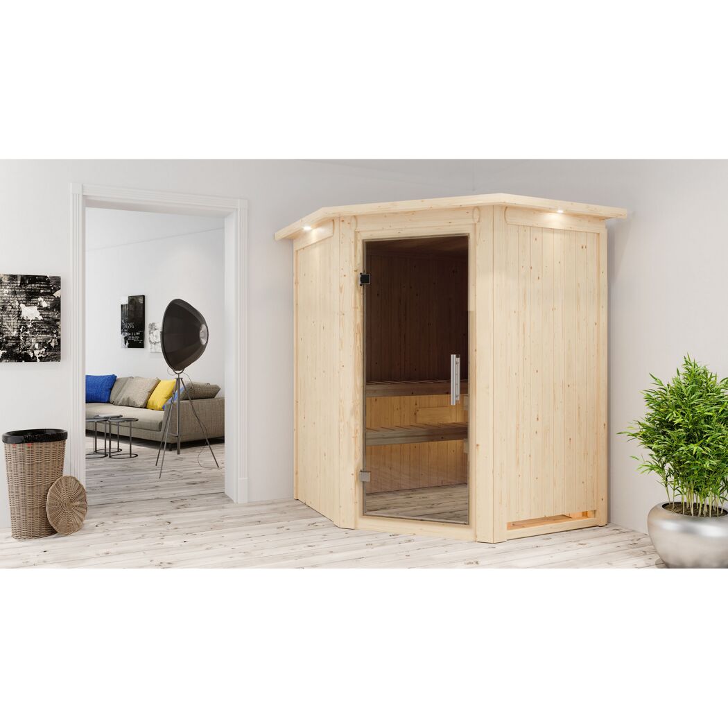 Elementsauna 'Adora' naturbelassen mit Kranz und graphitfarbener Tür 165 x 165 x 202 cm