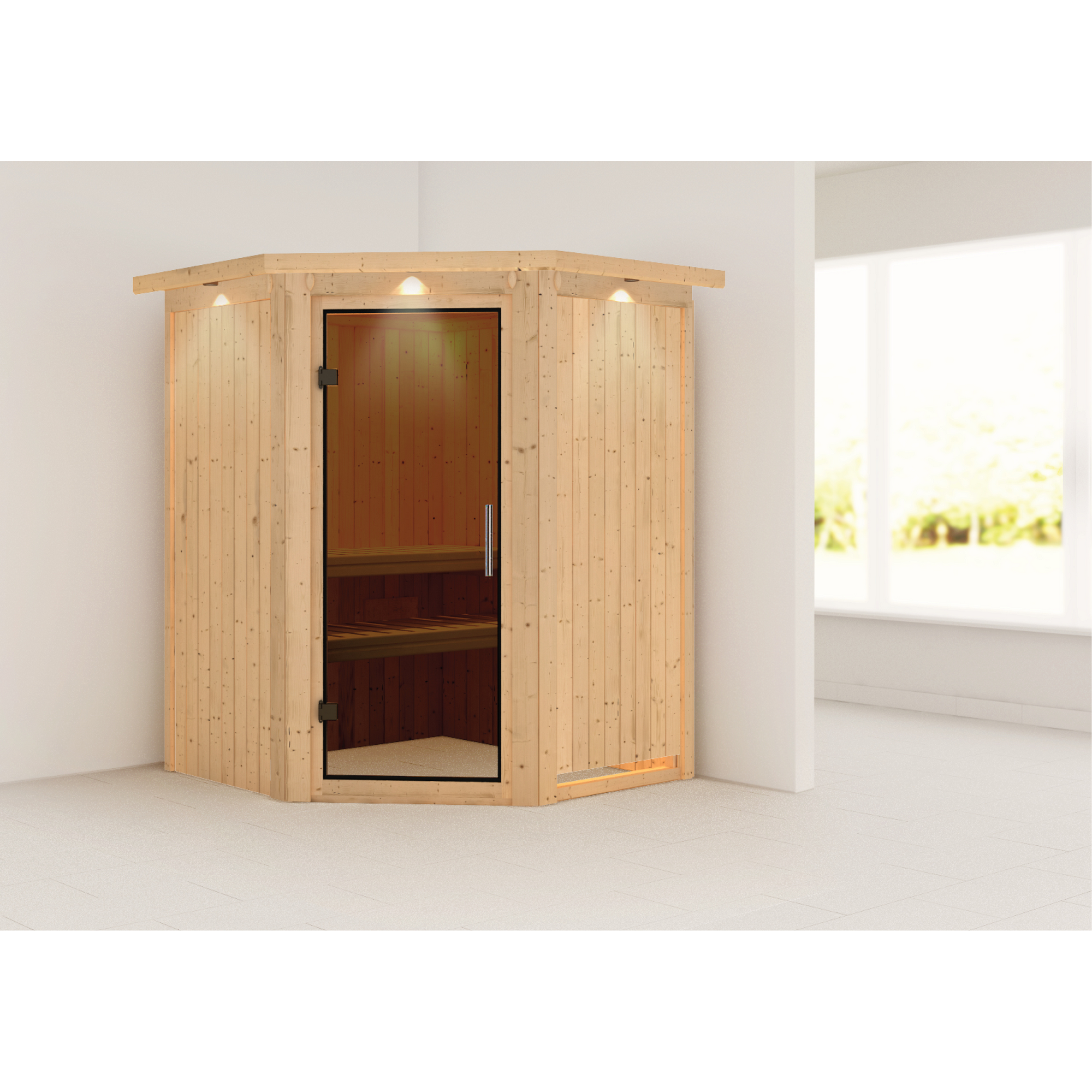 Elementsauna 'Adora' naturbelassen mit Kranz und graphitfarbener Tür 165 x 165 x 202 cm + product picture