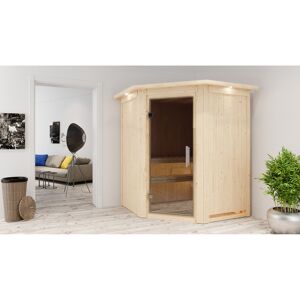 Elementsauna 'Adora' naturbelassen mit Kranz und graphitfarbener Tür 9 kW Bio-Ofen externe Steuerung Easy 165 x 165 x 202 cm