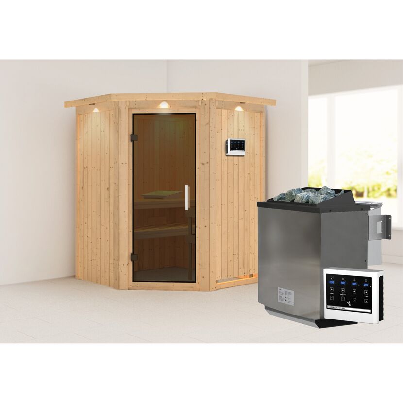 Eck-Sauna aus Holz mit Saunaofen