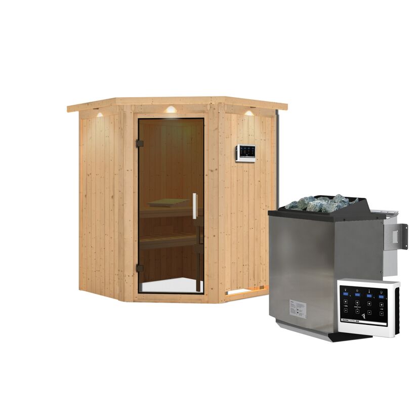 Ecksauna aus Holz mit Saunaofen und Steuerung