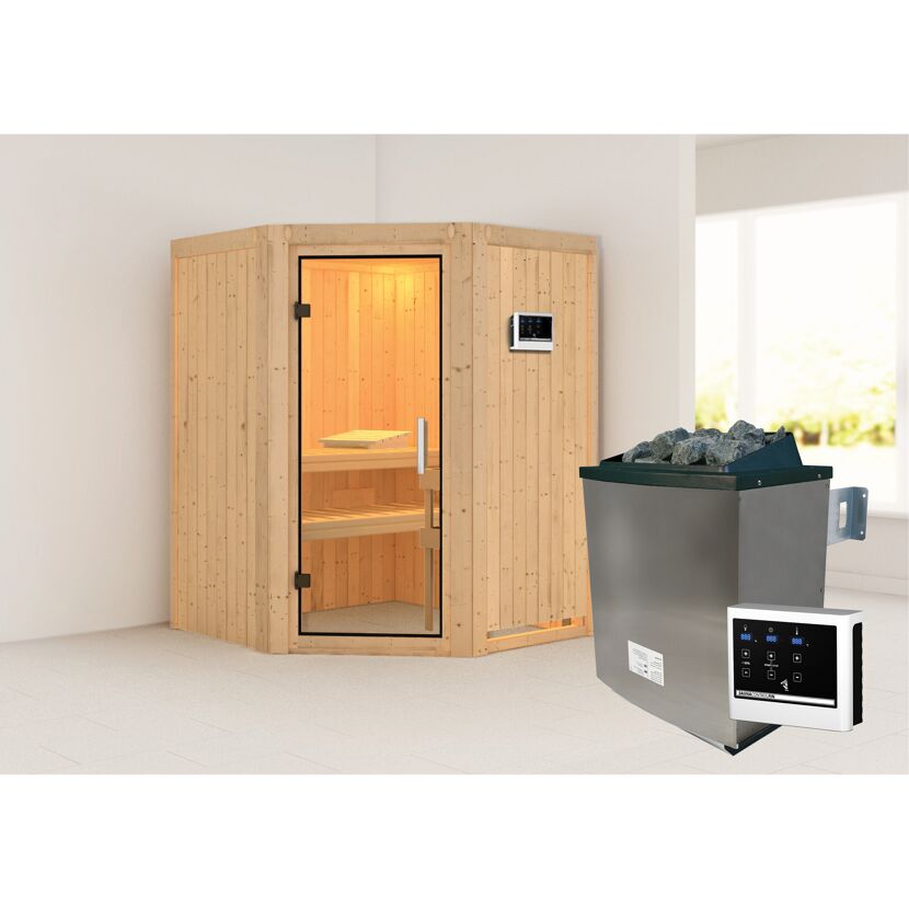 Elementsauna 'Adora' naturbelassen mit Klarglastür 9 kW Ofen externe Steuerung easy 151 x 151 x 198 cm