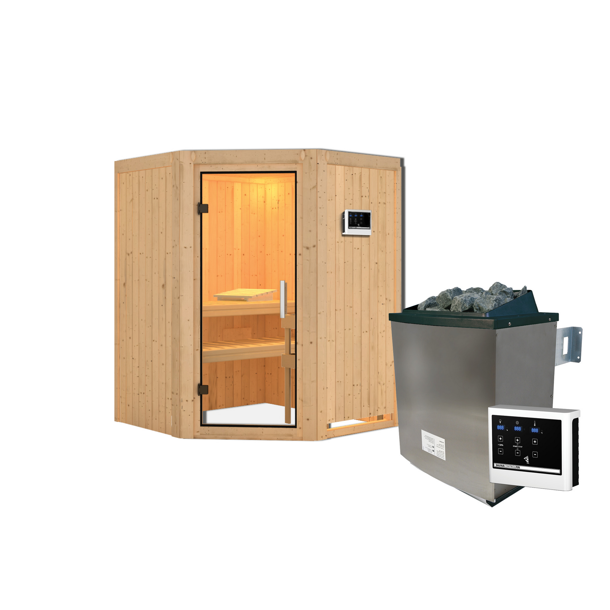 Elementsauna 'Adora' naturbelassen mit Klarglastür 9 kW Ofen externe Steuerung easy 151 x 151 x 198 cm