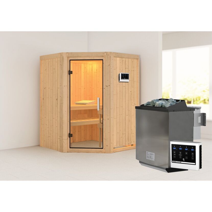 Elementsauna 'Adora' naturbelassen mit Klarglastür 9 kW Bio-Ofen externe Steuerung easy 151 x 151 x 198 cm