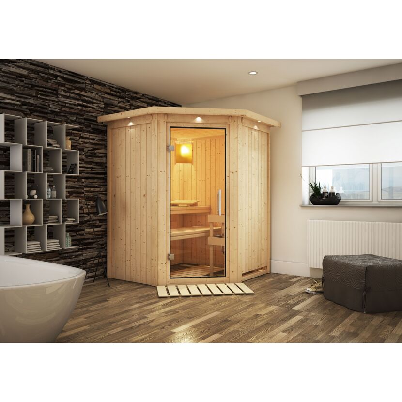Elementsauna 'Adora' naturbelassen mit Kranz und Klarglastür 165 x 165 x 202 cm