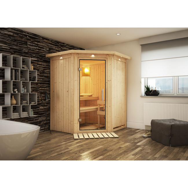 Bild von Elementsauna 'Adora' naturbelassen mit Kranz und Klarglastür 165 x 165 x 202 cm