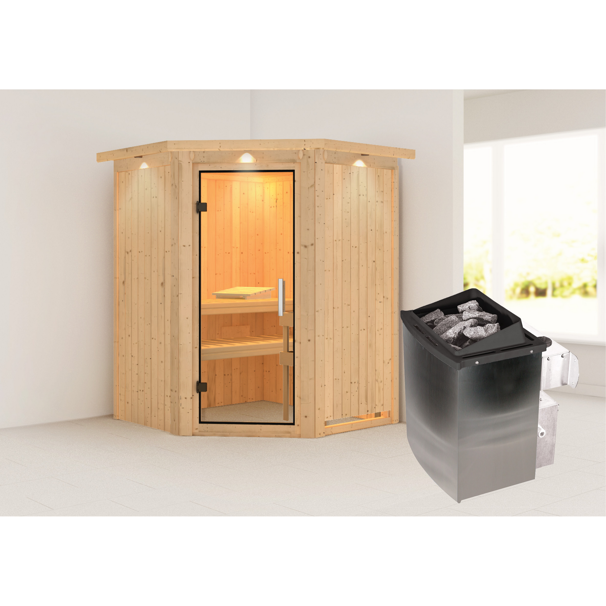 Ecksauna aus Holz mit Saunaofen
