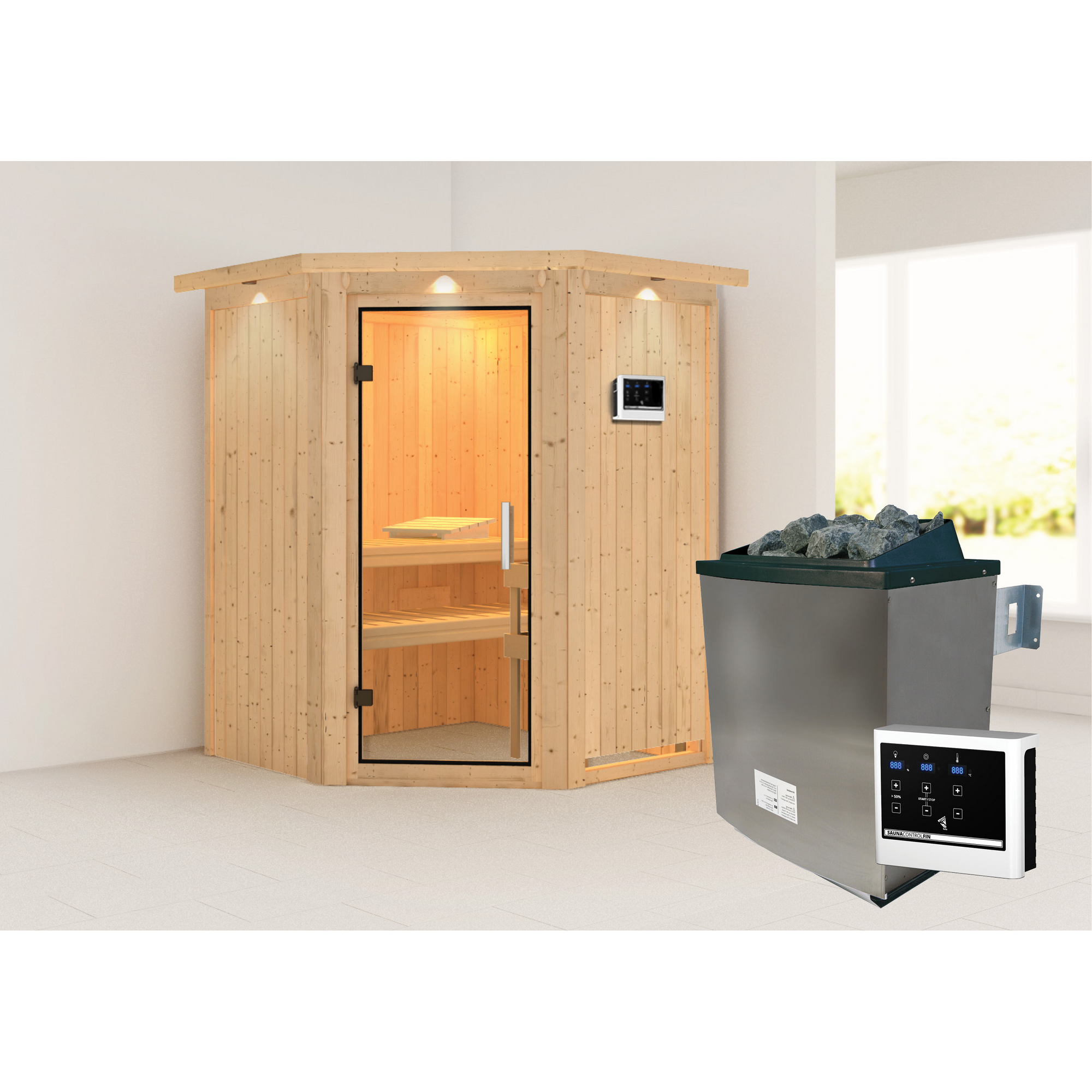 Elementsauna 'Adora' naturbelassen mit Kranz und Klarglastür 9 kW Ofen externe Steuerung easy 165 x 165 x 202 cm + product picture