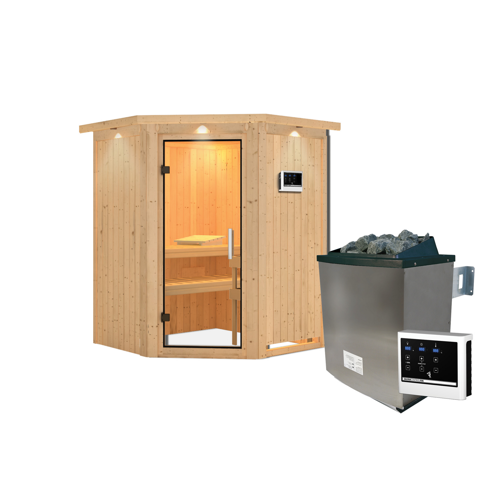 Elementsauna 'Adora' naturbelassen mit Kranz und Klarglastür 9 kW Ofen externe Steuerung easy 165 x 165 x 202 cm + product picture