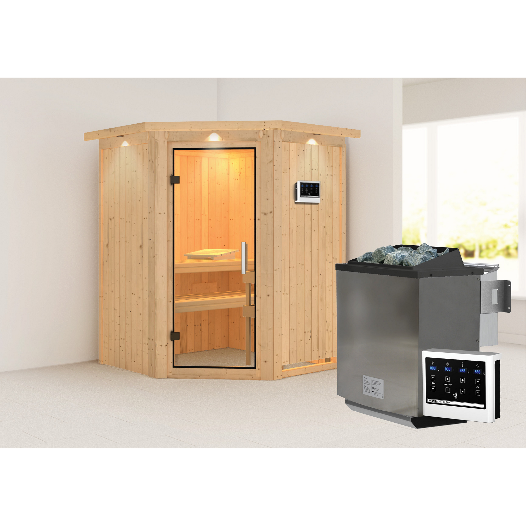 Elementsauna 'Adora' naturbelassen mit Kranz und Klarglastür 9 kW Bio-Ofen externe Steuerung easy 165 x 165 x 202 cm + product picture