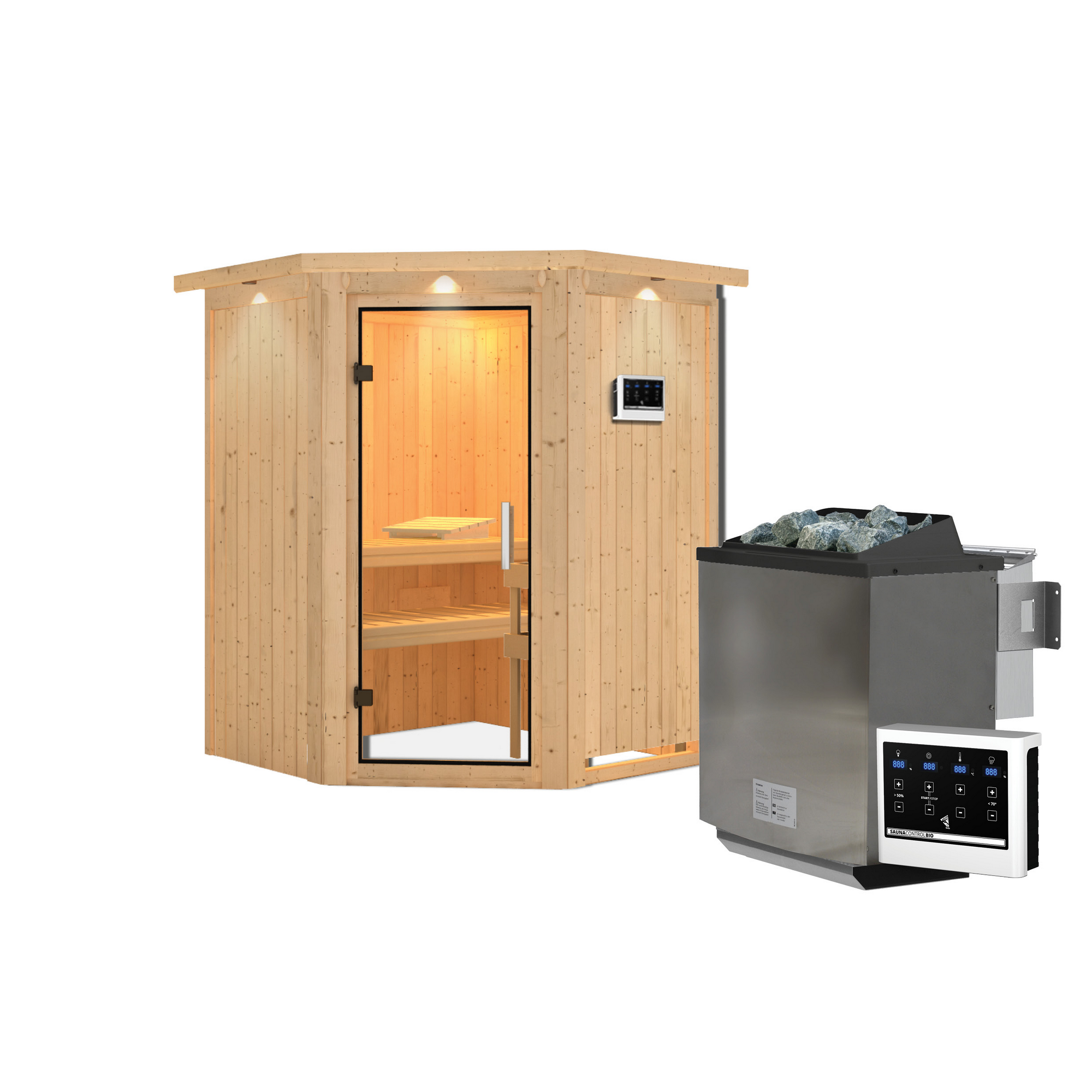 Elementsauna 'Adora' naturbelassen mit Kranz und Klarglastür 9 kW Bio-Ofen externe Steuerung easy 165 x 165 x 202 cm + product picture