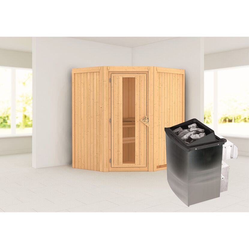 Elementsauna 'Adriana' naturbelassen mit Energiespartür 9 kW Ofen integrierte Steuerung 170 x 151 x 198 cm