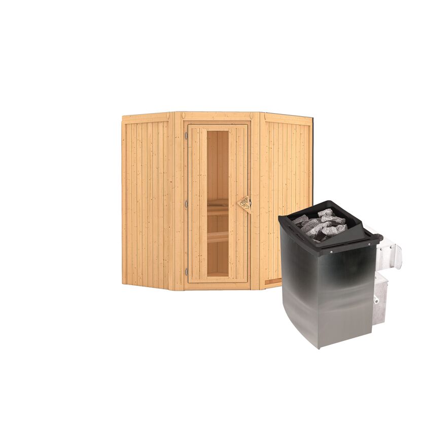 Elementsauna 'Adriana' naturbelassen mit Energiespartür 9 kW Ofen integrierte Steuerung 170 x 151 x 198 cm