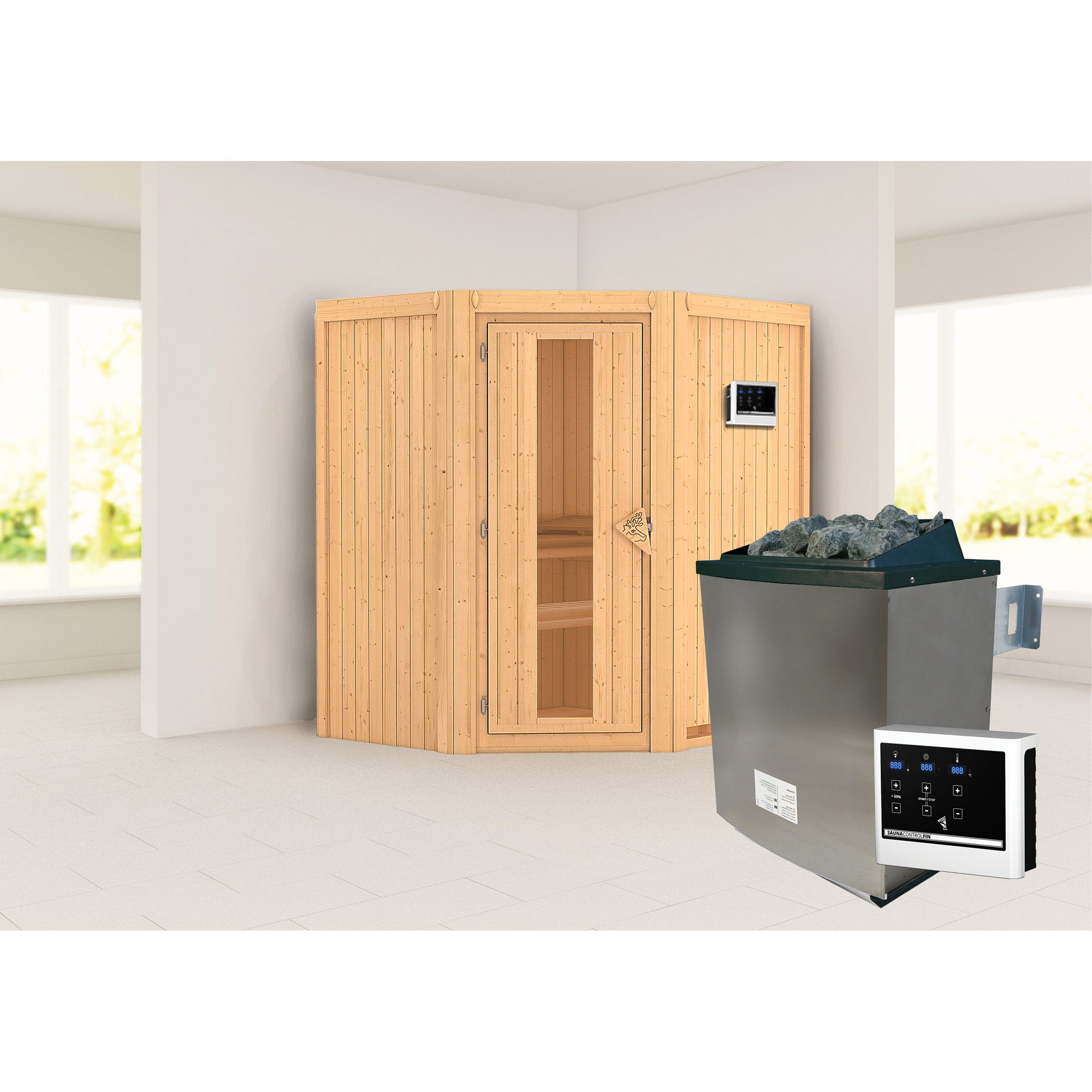 Elementsauna 'Adriana' naturbelassen mit Energiespartür 9 kW Ofen externe Steuerung Easy 170 x 151 x 198 cm + product picture