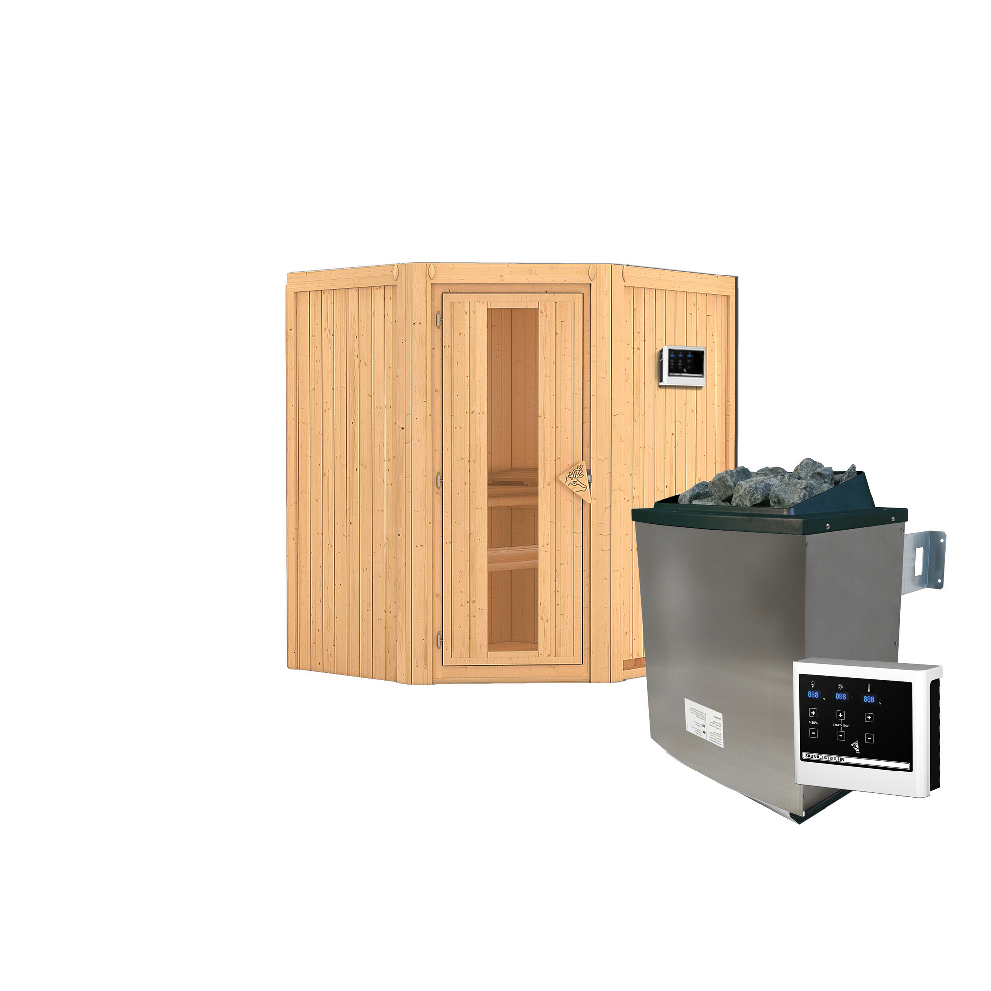 Elementsauna 'Adriana' naturbelassen mit Energiespartür 9 kW Ofen externe Steuerung Easy 170 x 151 x 198 cm + product picture