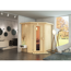 Eck-Sauna aus hellem Holz in einem Badezimmer