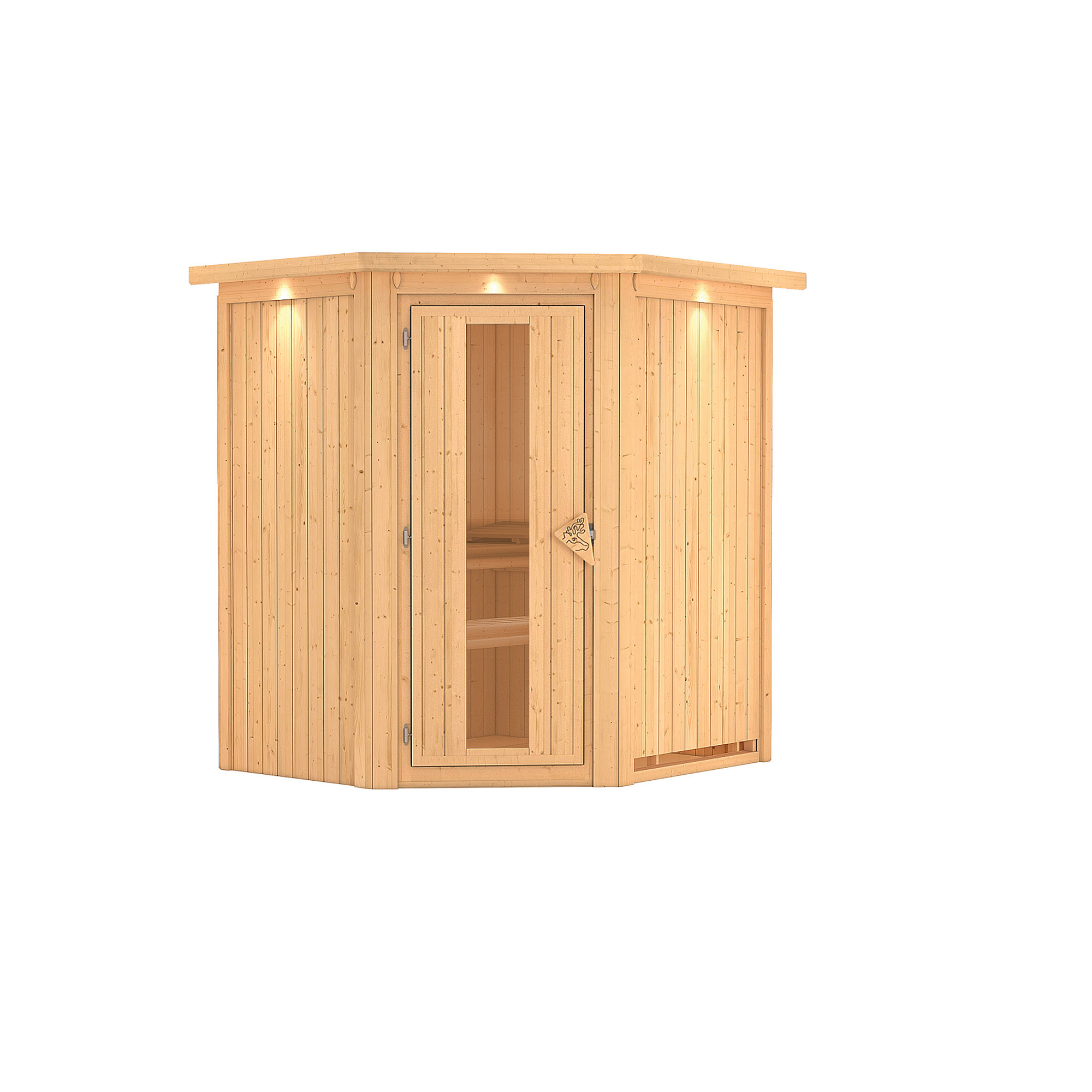 Ecksauna aus hellem Holz mit geöffneter Tür.