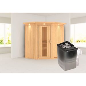 Elementsauna 'Adriana' naturbelassen mit Kranz und Energiespartür 9 kW Ofen integrierte Steuerung 184 x 165 x 202 cm
