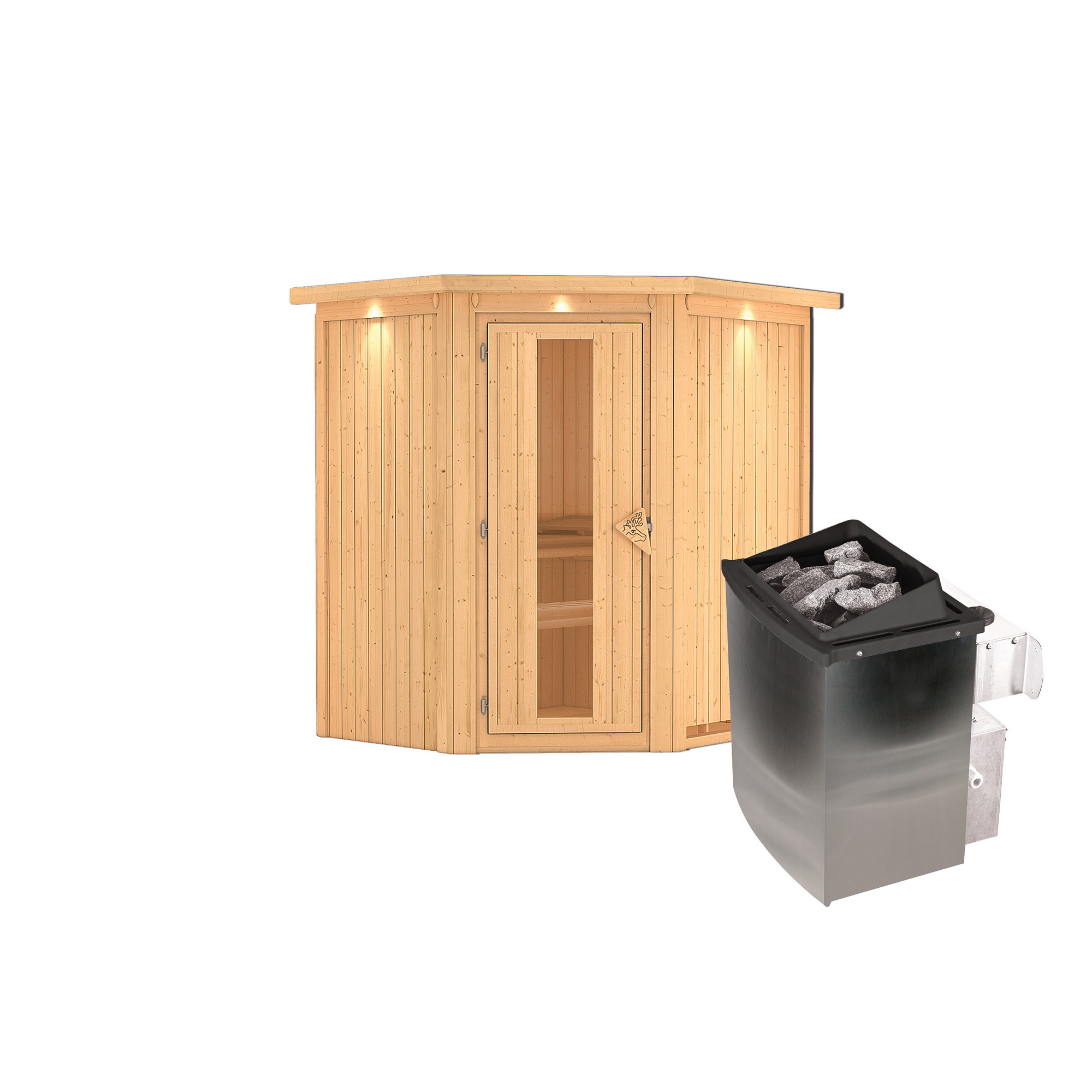 Elementsauna 'Adriana' naturbelassen mit Kranz und Energiespartür 9 kW Ofen integrierte Steuerung 184 x 165 x 202 cm