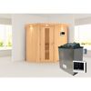 Ecksauna aus hellem Holz mit Saunaofen