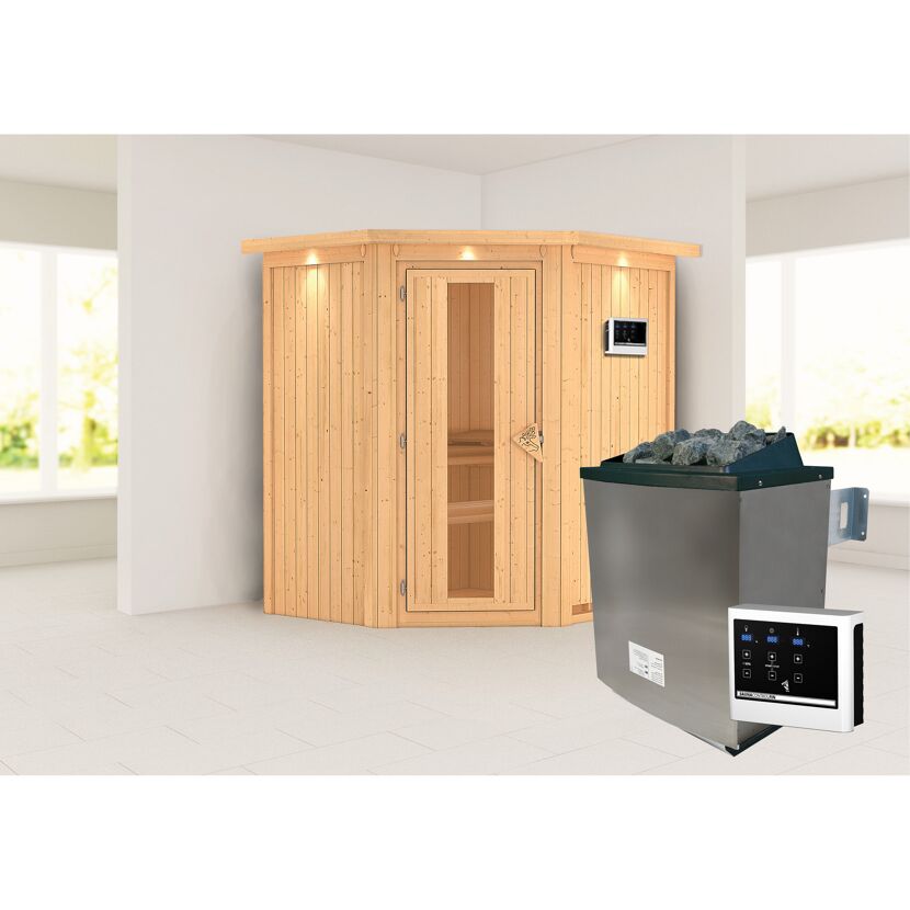 Ecksauna aus hellem Holz mit Saunaofen