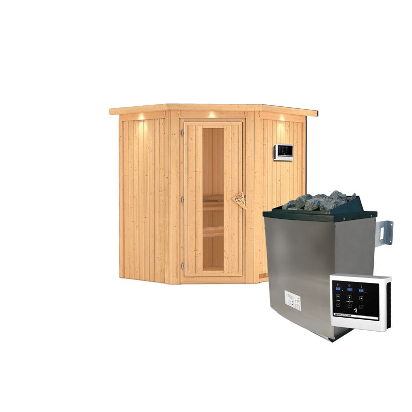 Ecksauna aus Holz mit Saunaofen