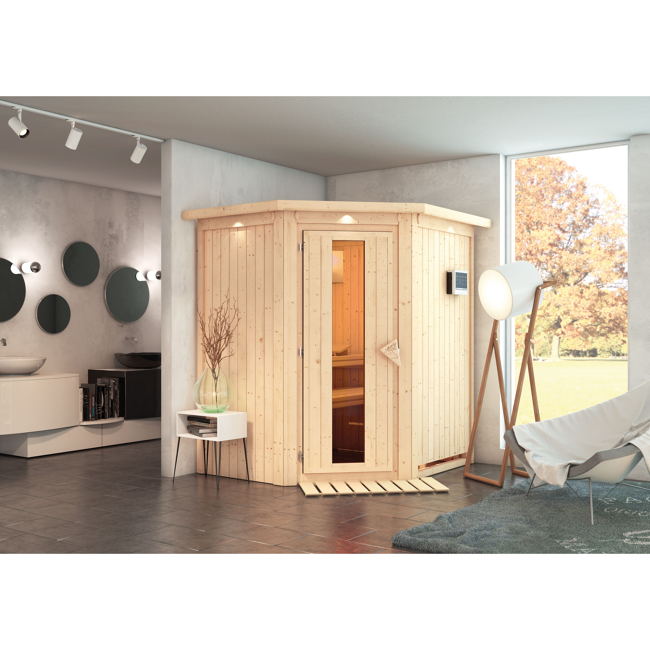 Bild von Elementsauna 'Adriana' naturbelassen mit Kranz und Energiespartür 9 kW Bio-Ofen externe Steuerung Easy 184 x 165 x 202 cm