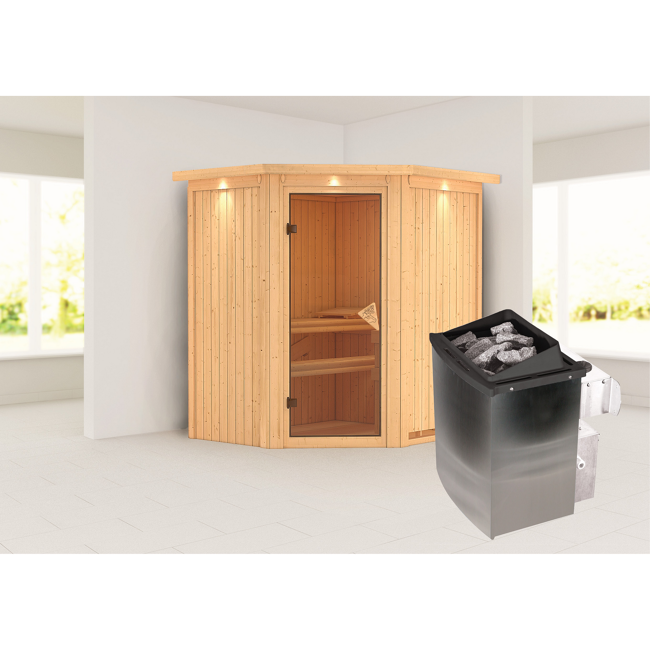 Bild von Elementsauna 'Adriana' naturbelassen mit Kranz 9 kW Ofen integrierte Steuerung 184 x 165 x 202 cm