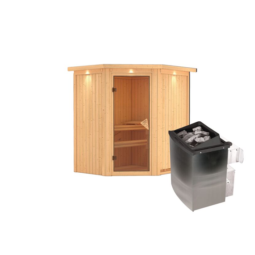 Elementsauna 'Adriana' naturbelassen mit Kranz 9 kW Ofen integrierte Steuerung 184 x 165 x 202 cm