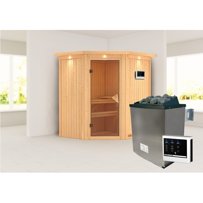 Bild von Elementsauna 'Adriana' naturbelassen mit Kranz 9 kW Ofen externe Steuerung Easy 184 x 165 x 202 cm