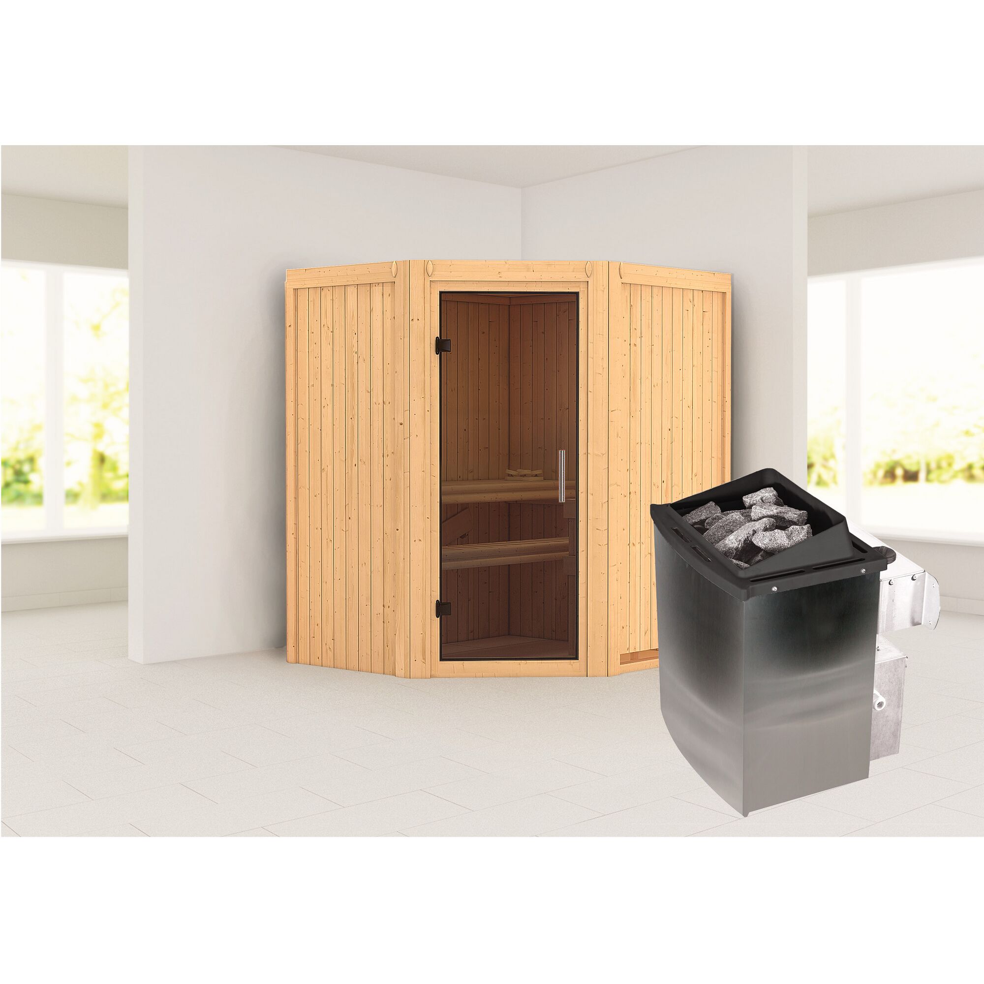 Eck-Sauna aus Holz mit Saunaofen
