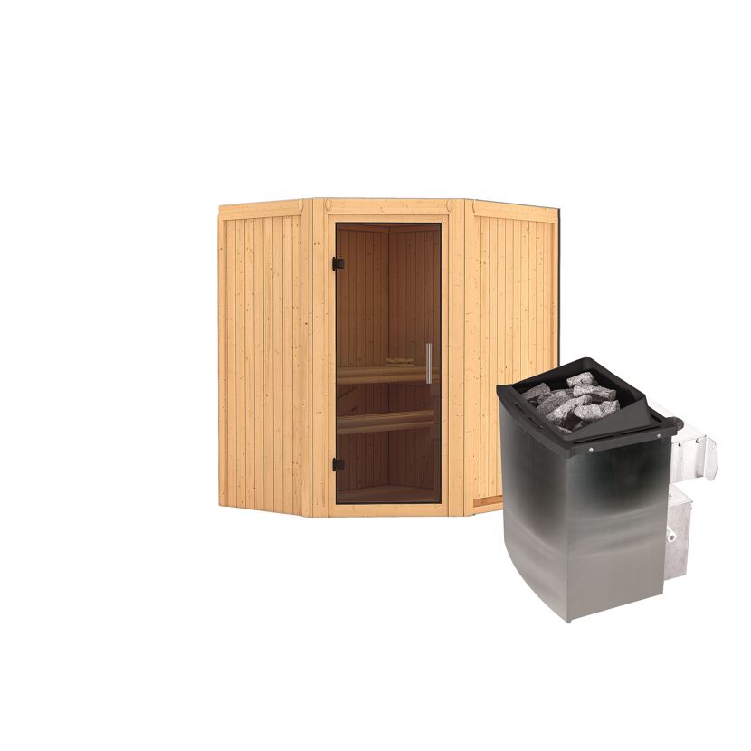 Ecksauna aus Holz mit Saunaofen