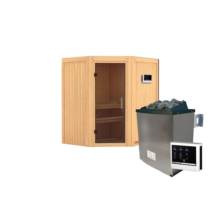 Elementsauna 'Adriana' naturbelassen mit graphitfarbener Tür 9 kW Ofen externe Steuerung Easy 170 x 151 x 198 cm