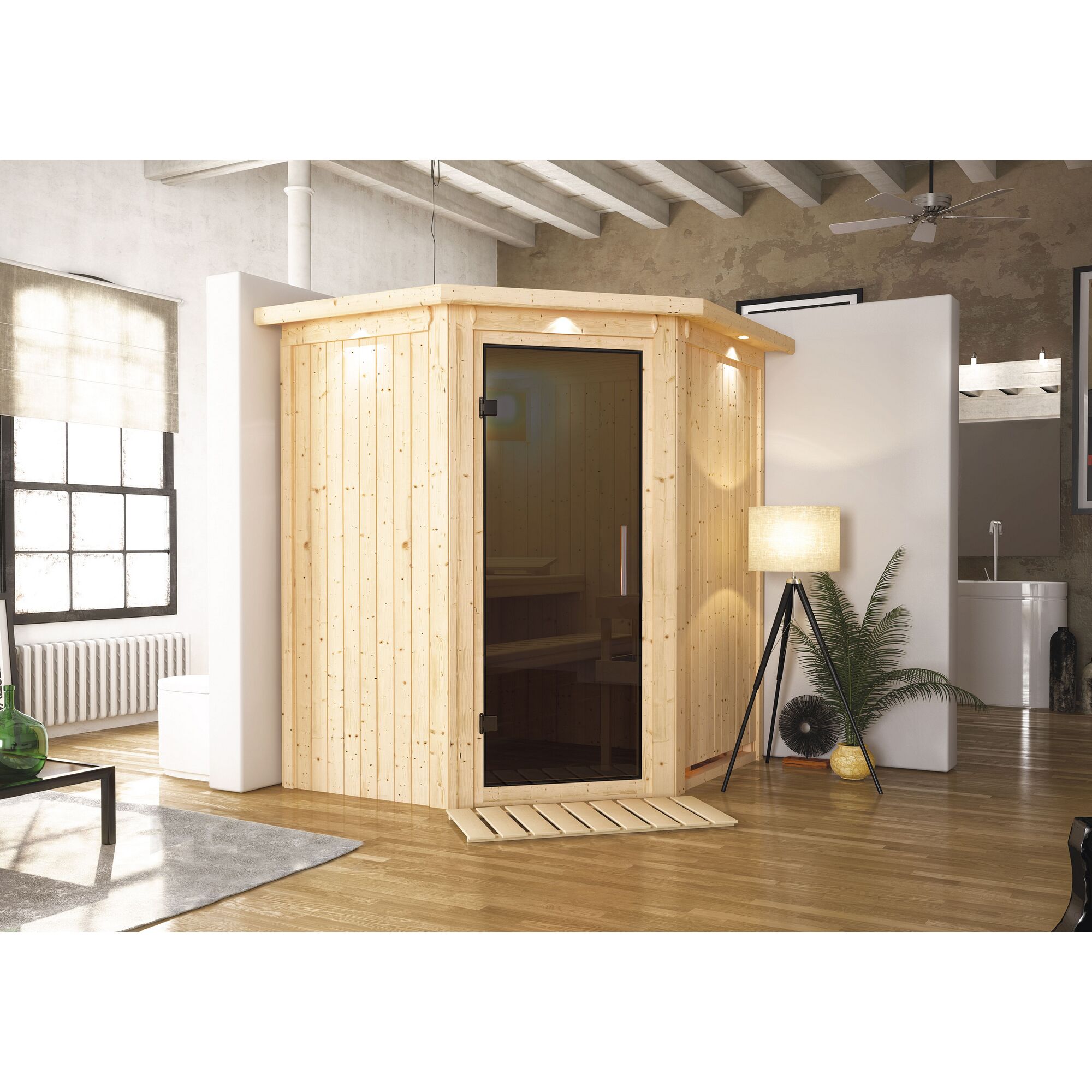Eck-Sauna aus hellem Holz mit dunkler Glastür.