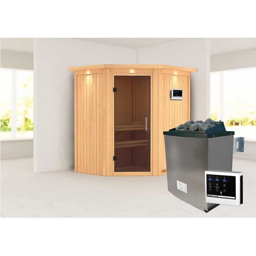 Ecksauna aus hellem Holz mit Saunaofen