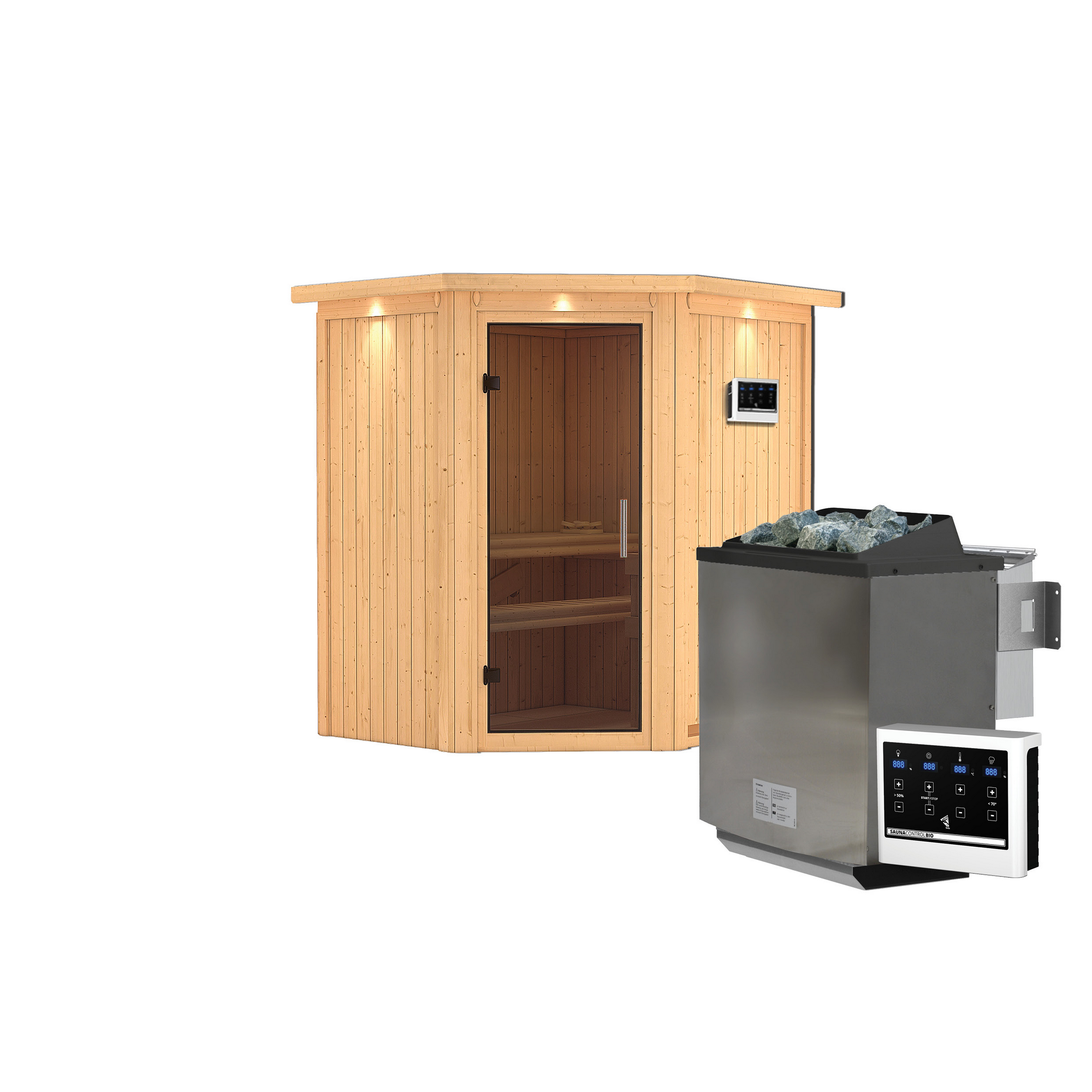 Elementsauna 'Adriana' naturbelassen mit Kranz und graphitfarbener Tür 9 kW Bio-Ofen externe Steuerung Easy 184 x 165 x 202 cm + product picture