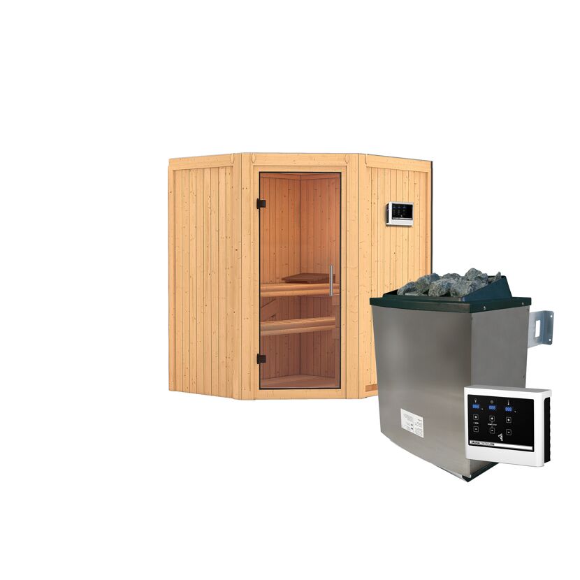 Ecksauna aus hellem Holz mit Saunaofen