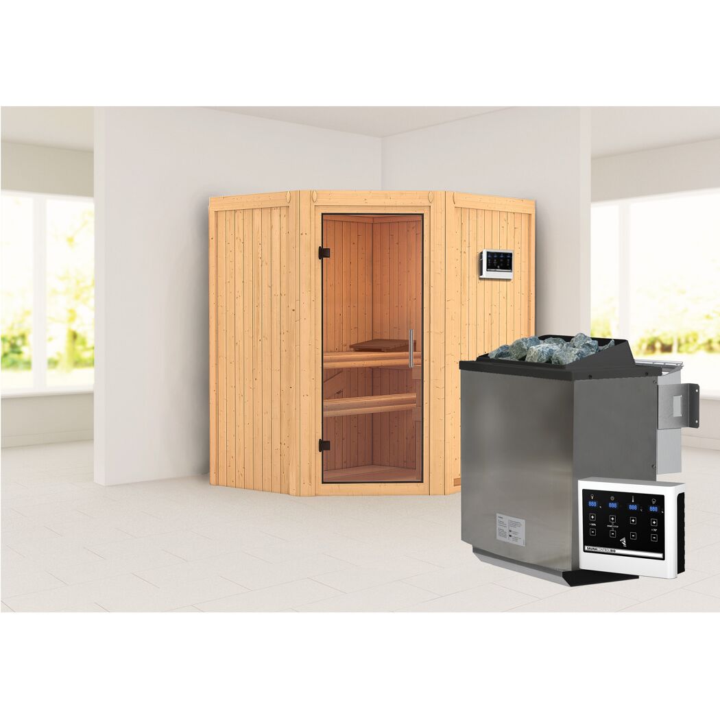 Ecksauna aus Holz mit Saunaofen
