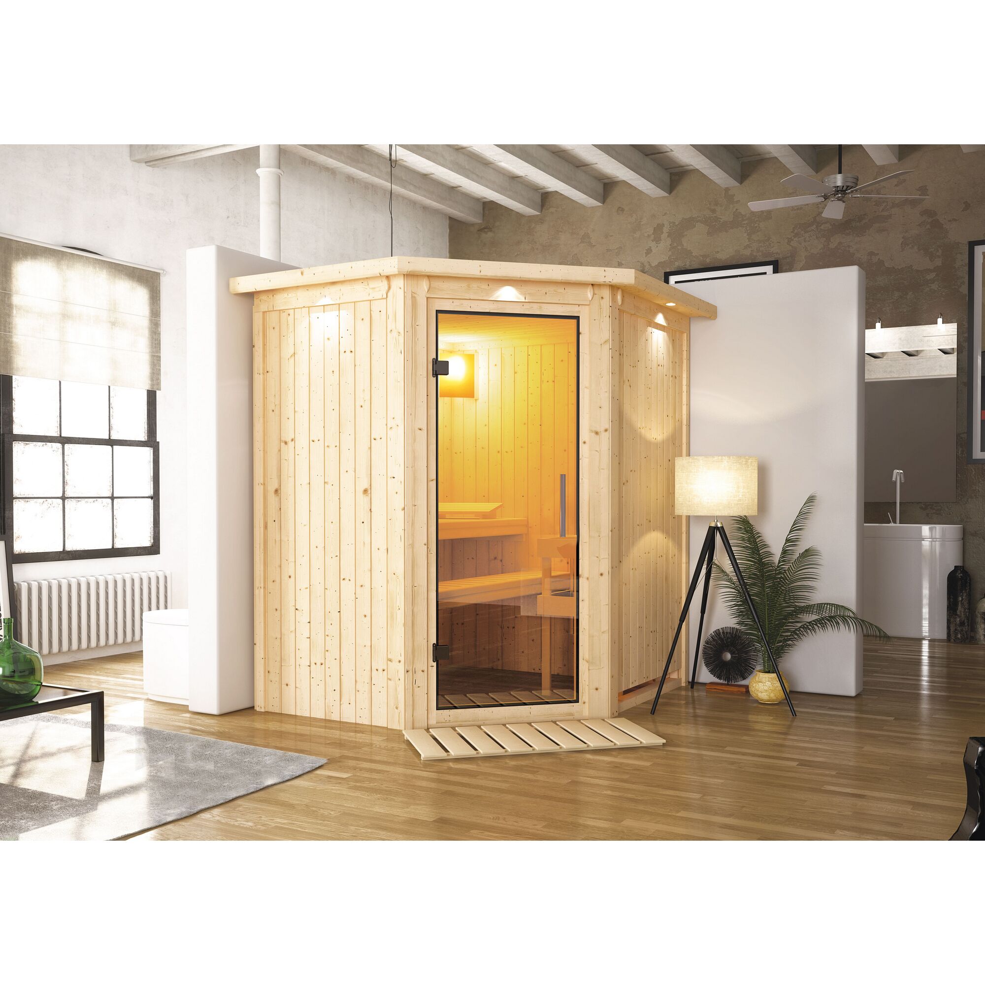 Ecksauna aus hellem Holz mit Glastür
