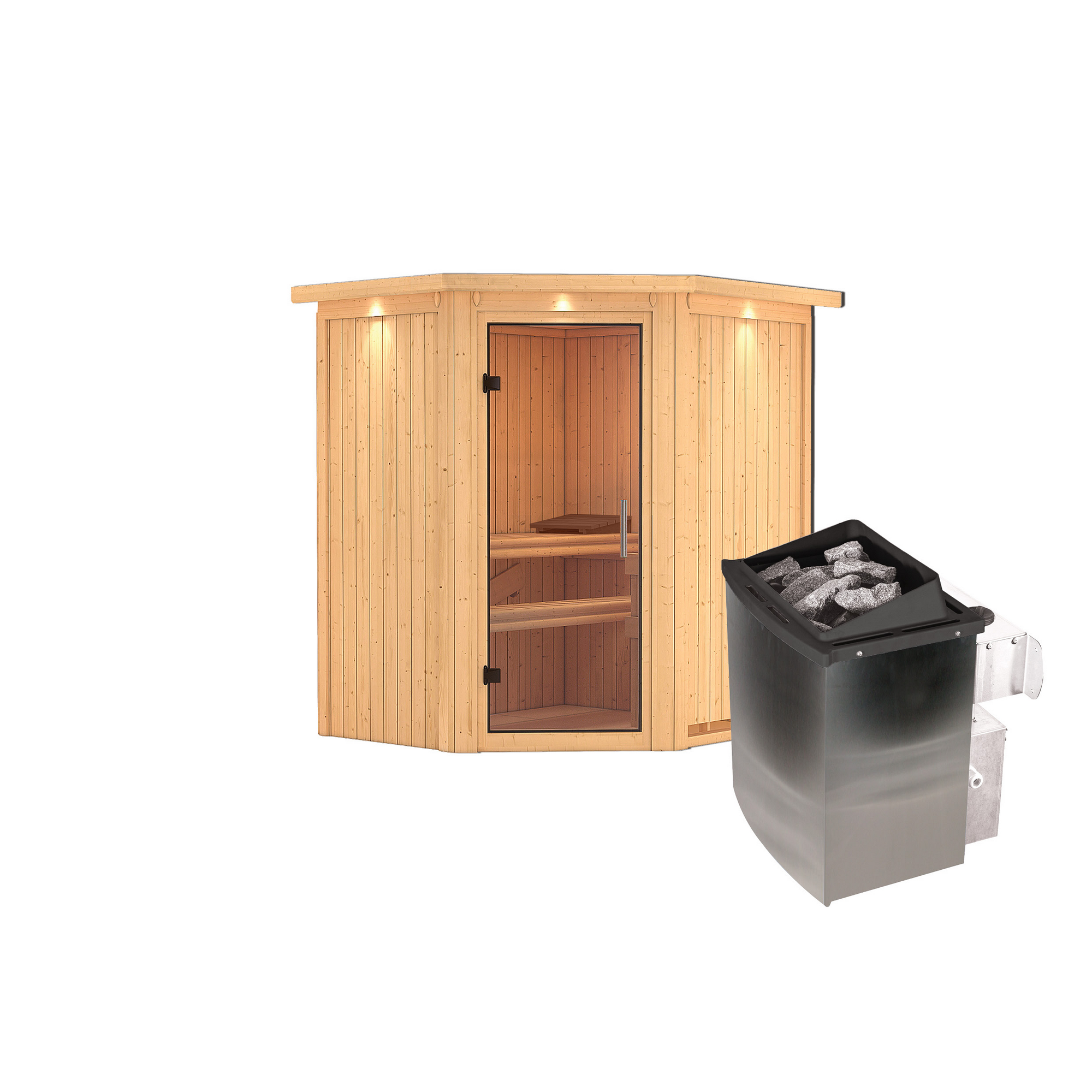 Elementsauna 'Adriana' naturbelassen mit Kranz und Klarglastür 9 kW Ofen integrierte Steuerung 184 x 165 x 202 cm
