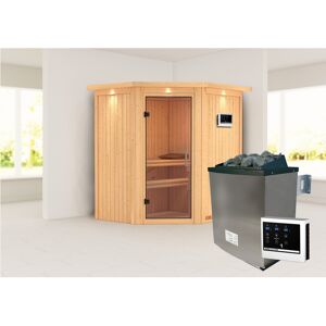 Elementsauna 'Adriana' naturbelassen mit Kranz und Klarglastür 9 kW Ofen externe Steuerung easy 184 x 165 x 202 cm