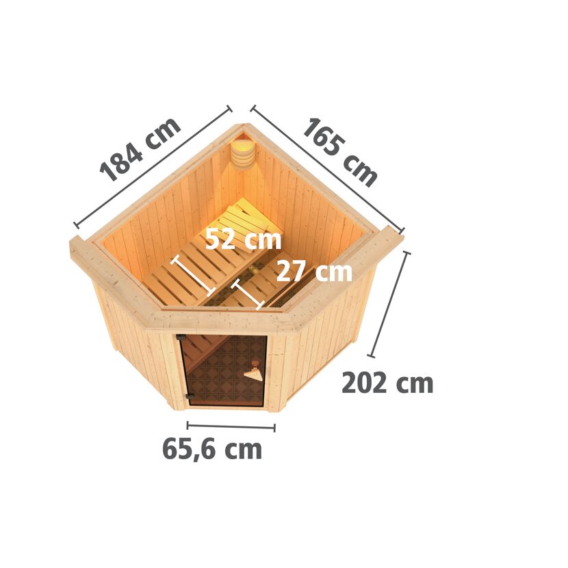 Eck-Sauna aus hellem Holz mit Maßen