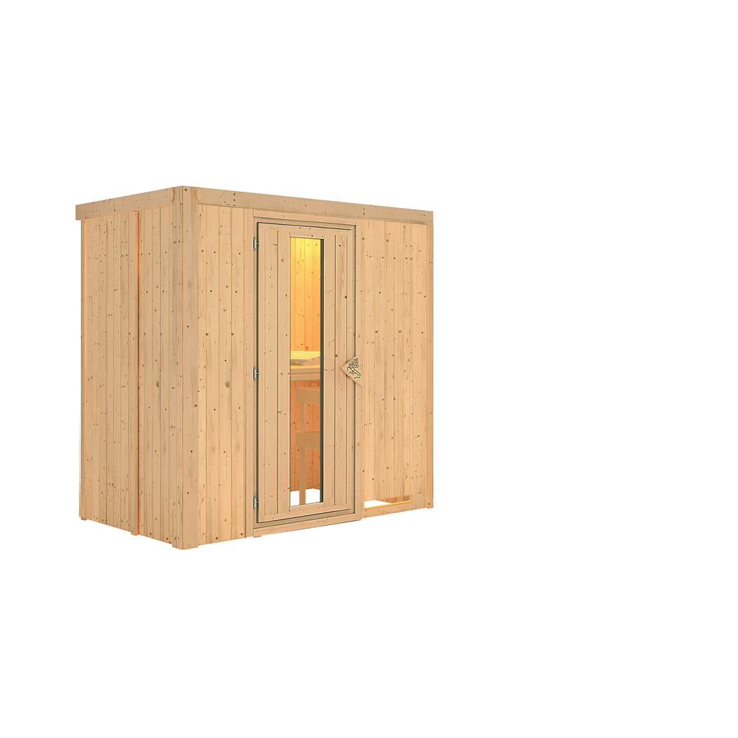 Sauna aus hellem Holz mit geöffneter Tür.